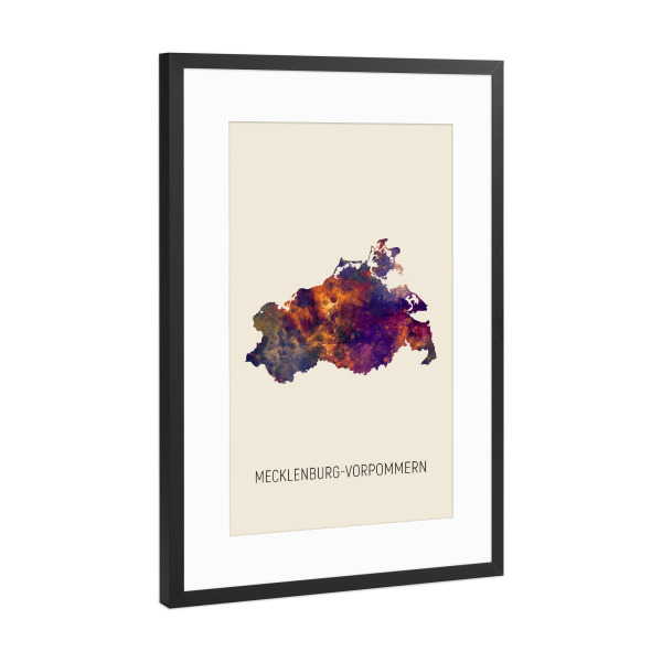 Poster mit Rahmen Schwarz (Metallic) "Mecklenburg-Vorpommern Karte Beige" artboxONE - Kartografie