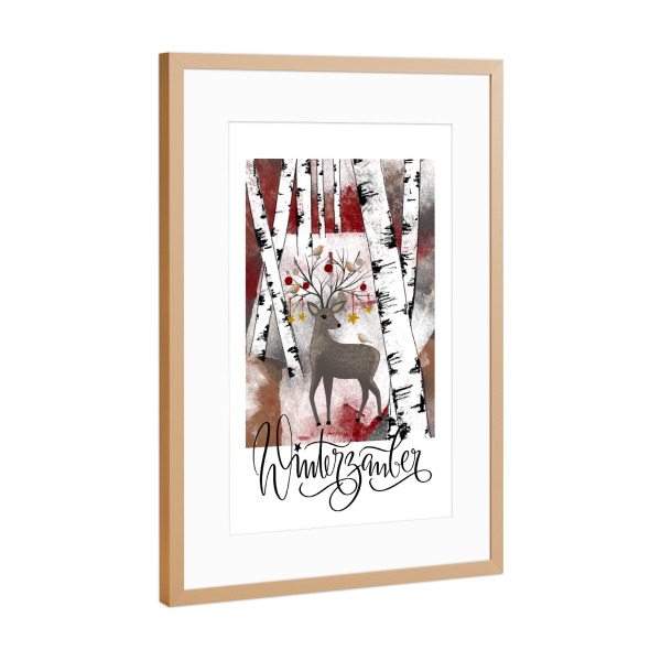 Poster mit Rahmen Kupfer "Winterzauber" artboxONE - Weihnachten - Winterwald,Winterlandschaft,Weihnachten,Hirsch,Christbaum