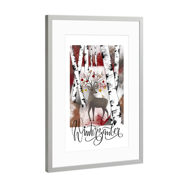 Poster mit Rahmen Silber "Winterzauber" artboxONE - Weihnachten - Winterwald,Winterlandschaft,Weihnachten,Hirsch,Christbaum