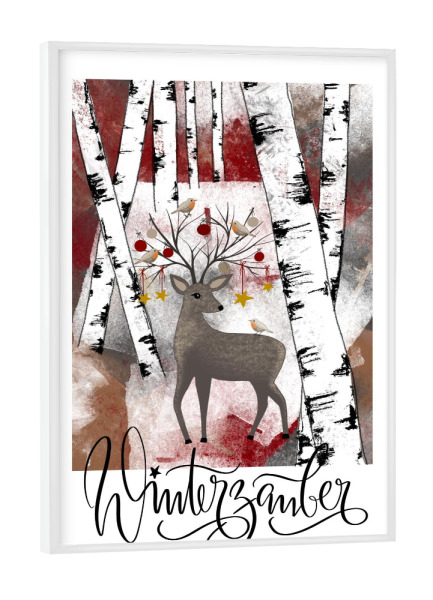 Poster mit weißem Rahmen "Winterzauber" artboxONE - Weihnachten - Winterwald,Winterlandschaft,Weihnachten,Hirsch,Christbaum