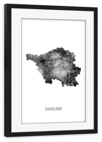 Poster mit Rahmen schwarz "Landeskarte des Saarlandes BW" artboxONE - Kartografie - Saarland,Karte,Aquarell,Malerei,Landeskarte,Deutschland