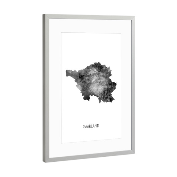 Poster mit Rahmen Silber "Landeskarte des Saarlandes BW" artboxONE - Kartografie - Saarland,Karte,Aquarell,Malerei,Landeskarte,Deutschland