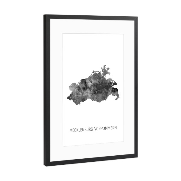 Poster mit Rahmen Schwarz (Metallic) "Mecklenburg-Vorpommern Karte BW" artboxONE - Schwarzweiß,Kartografie