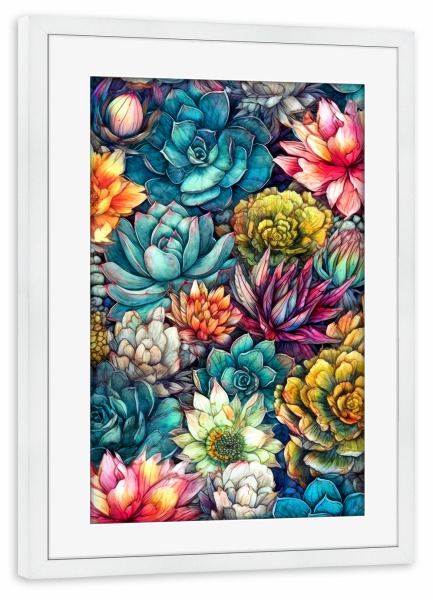 Poster mit Rahmen weiß "Sukkulenten und Kakteen O" artboxONE - Natur,Floral - Sukkulenten,Kakteen,Kaktus,Natur,Blumen,Botanische,Blatt,Blumen