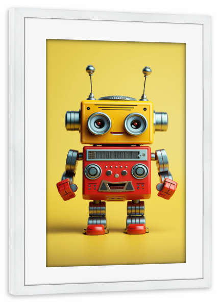 Poster mit Rahmen weiß "Gelber Metallroboter" artboxONE - Lustig