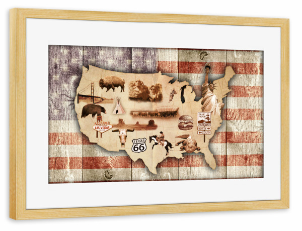 Poster mit Rahmen kiefer "Illustrierte Landkarte USA" artboxONE - Reise,Reise / Länder,Kartografie,Männer