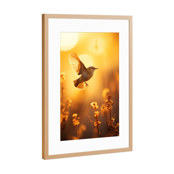 Poster mit Rahmen Kupfer "Flying bird on sunset meadow" artboxONE - Natur,Tiere