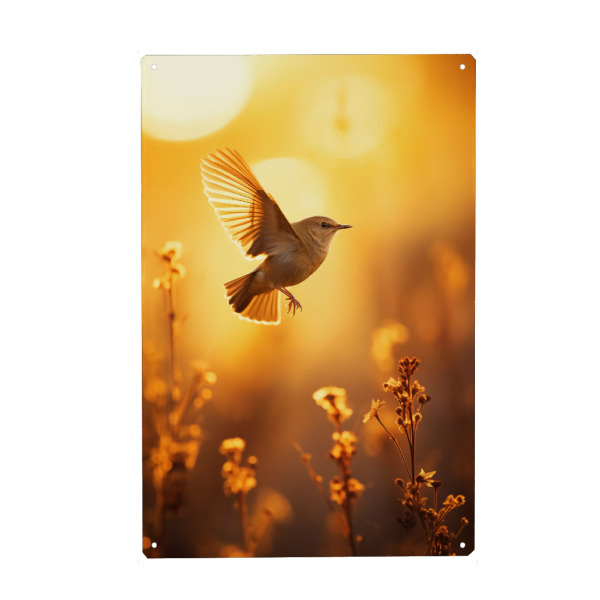 Metall Poster "Flying bird on sunset meadow" artboxONE - Natur,Tiere