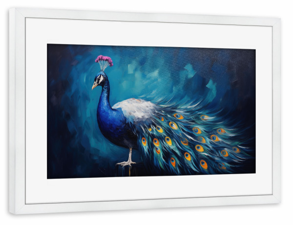 Poster mit Rahmen weiß "Pfauenmalerei" artboxONE - Natur,Tiere - Tier,Kunst,Vogel,Blau,Leinwand,Impressionistisch,Natur,öl,Farbe,Gemälde,Pfau