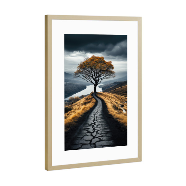 Poster mit Rahmen Gold "Weg zum Horizont" artboxONE - Natur - Horizont,Weg,Baum,Einsame weg,Weg ins nichts,Aussichtspunkt,Neblige aussicht,Einsamkeit