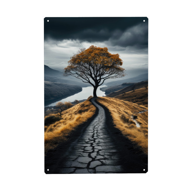 Holzbild "Weg zum Horizont" artboxONE - Natur - Horizont,Weg,Baum,Einsame weg,Weg ins nichts,Aussichtspunkt,Neblige aussicht,Einsamkeit