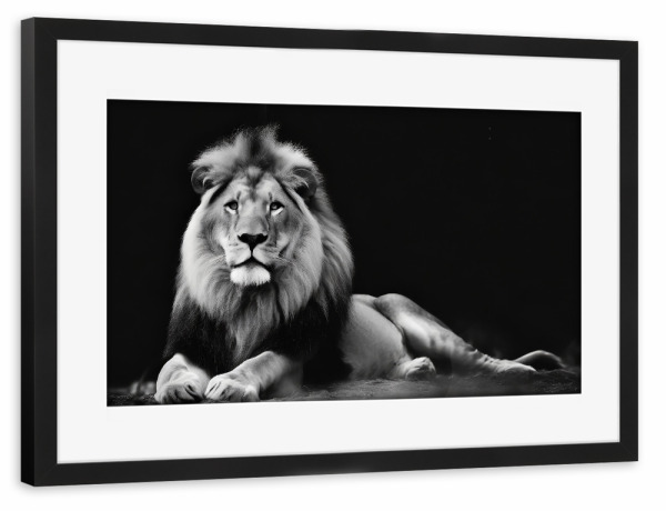 Poster mit Rahmen schwarz "Löwe in der Savanne" artboxONE - Tiere,Schwarzweiß - Afrika,Raubtiere,Löwe,Wildtier,Tier,Savanne,Großkatzen
