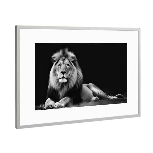 Poster mit Rahmen Silber "Löwe in der Savanne" artboxONE - Tiere,Schwarzweiß - Afrika,Raubtiere,Löwe,Wildtier,Tier,Savanne,Großkatzen