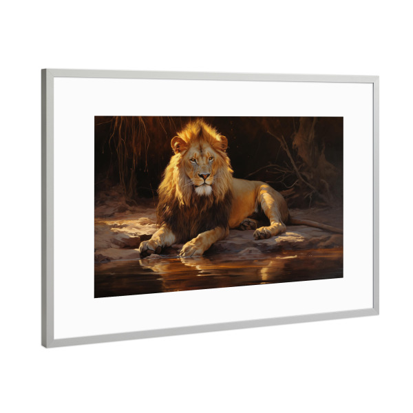 Poster mit Rahmen Silber "Löwe an einem Teich" artboxONE - Natur,Tiere