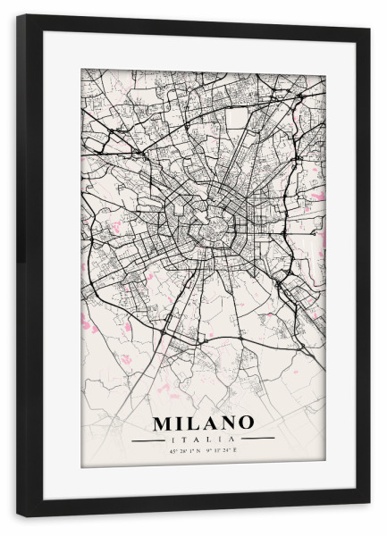 Poster mit Rahmen schwarz "Milano City Map" artboxONE - Schwarzweiß,Städte / Mailand,Kartografie