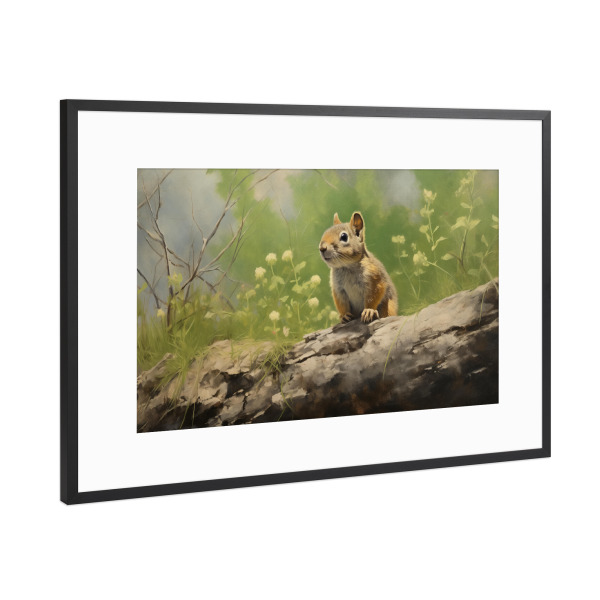 Poster mit Rahmen Schwarz (Metallic) "Cute squirrel on a trunk" artboxONE - Natur,Tiere