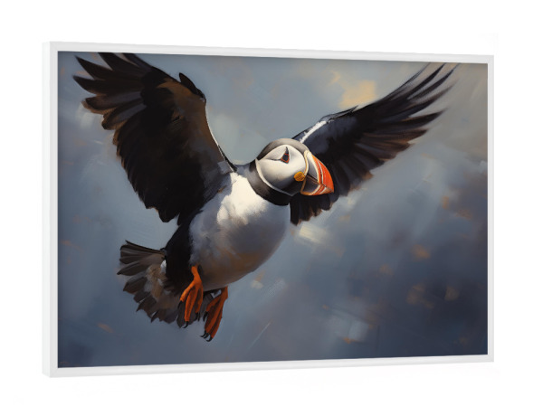 Poster mit weißem Rahmen "Fliegender Papageientaucher" artboxONE - Natur,Tiere