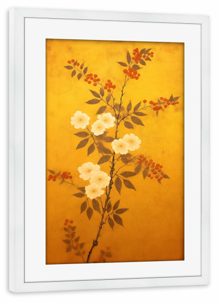 Poster mit Rahmen weiß "Goldener Blumenzweig" artboxONE - Floral - Hintergrund,Ruhe,Zart,Zeichnung,Blume,Gold,Minimal,Entspannen,Zweig,Gelb
