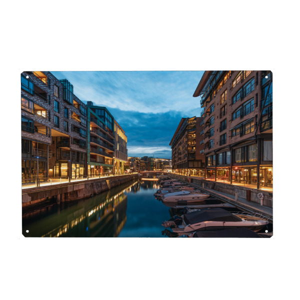 Metall Poster "Oslo Norwegen" artboxONE - Städte,Architektur - Skandinavien,Boote,Marina,Hafen,Blaue stunde,Reisefotografie - Blechschild