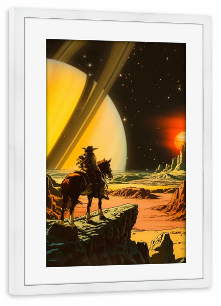 Poster mit Rahmen weiß "Ein zukünftiges Cowboy-Abenteuer" artboxONE - Für Kinder,Fiktion,Galaxy