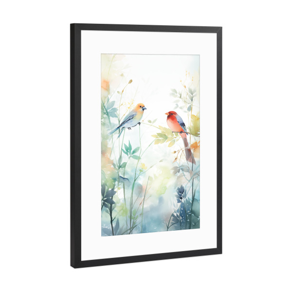 Poster mit Rahmen Schwarz (Metallic) "Zarte Gartenvögel" artboxONE - Natur,Floral,Tiere