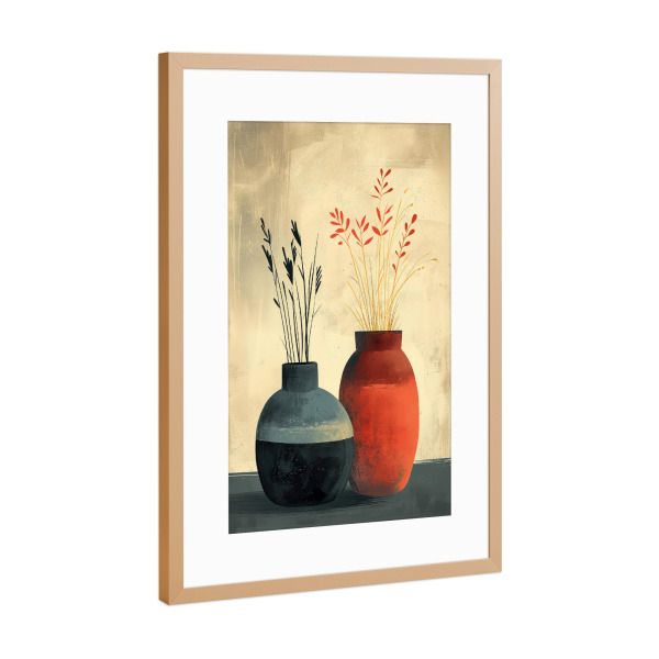 Poster mit Rahmen Kupfer "Zwei zarte Vasen auf Beige" artboxONE - Floral