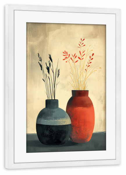 Poster mit Rahmen weiß "Zwei zarte Vasen auf Beige" artboxONE - Floral