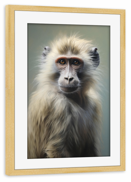 Poster mit Rahmen kiefer "Pavian auf hellgrau" artboxONE - Natur,Tiere - Tier,Affe,Kunst,Pavian,Leinwand,Grau,Säugetier,Affe,öl,Gemälde,Porträt