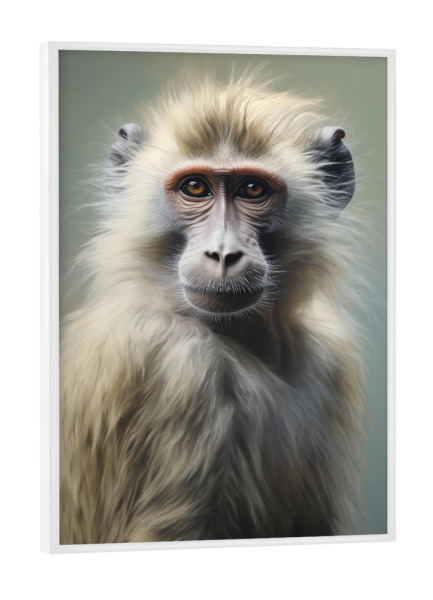Poster mit weißem Rahmen "Pavian auf hellgrau" artboxONE - Natur,Tiere - Tier,Affe,Kunst,Pavian,Leinwand,Grau,Säugetier,Affe,öl,Gemälde,Porträt
