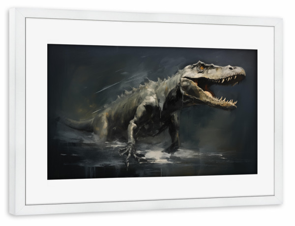 Poster mit Rahmen weiß "Spinosaurus-Gemälde" artboxONE - Natur,Tiere - Kunst,Groß,Leinwand,Dino,Dinosaurier,öl,Farbe,Gemälde,Rex,Spinosaurus