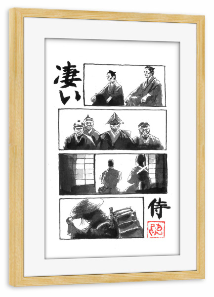 Poster mit Rahmen kiefer "Manga-Seite" artboxONE - Reise / Asien - Manga,Sumie,Japan,Samurai,Geisha