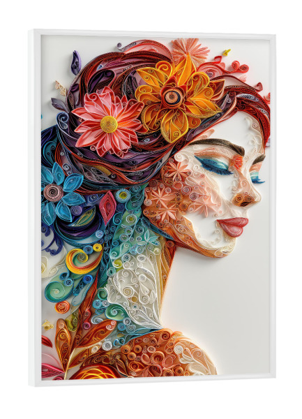 Poster mit weißem Rahmen "Papierquilling einer Frau" artboxONE - Abstrakt,Menschen - Kunst,Bunt,Blumen,Japanisch,Origami,Papier,Papierquilling,Frau