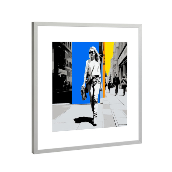 Poster mit Rahmen Silber "ZÜRICH FASHION WALK" artboxONE - Abstrakt,Menschen,Städte / Zürich - Gelb,Blau,Stadt,Mode,Spaziergang,Frau