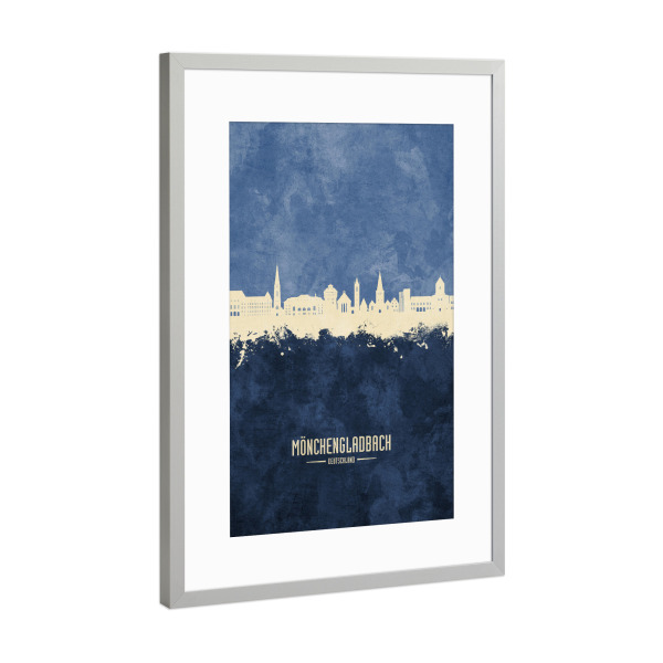 Poster mit Rahmen Silber "Mönchengladbach Skyline Marine" artboxONE - Städte