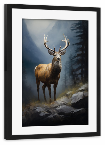 Poster mit Rahmen schwarz "Hirsch in einem Bergtal" artboxONE - Natur,Tiere