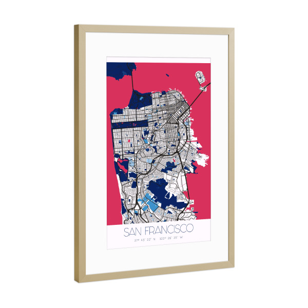 Poster mit Rahmen Gold "Stadtplan San Francisco" artboxONE - Städte / San Francisco,Kartografie