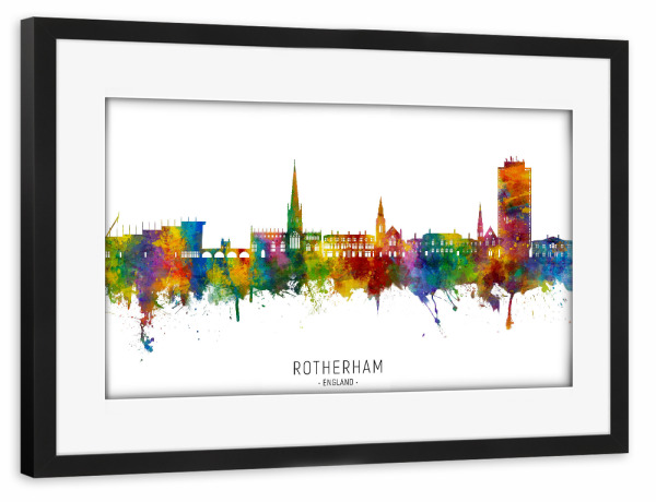 Poster mit Rahmen schwarz "Rotherham England Skyline txt" artboxONE - Städte