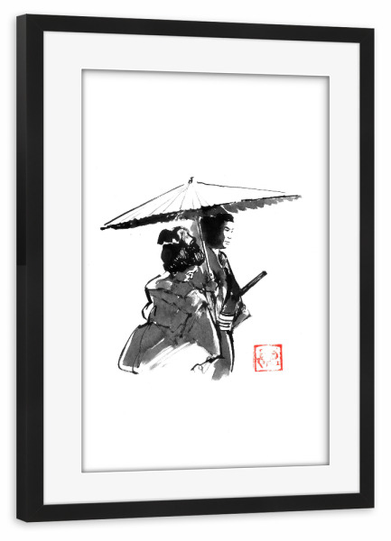 Poster mit Rahmen schwarz "Promenade" artboxONE - Schwarzweiß,Reise / Asien - Regenschirm,Samurai,Geisha,Sumie,Japan