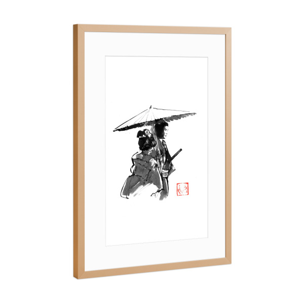 Poster mit Rahmen Kupfer "Promenade" artboxONE - Schwarzweiß,Reise / Asien - Regenschirm,Samurai,Geisha,Sumie,Japan