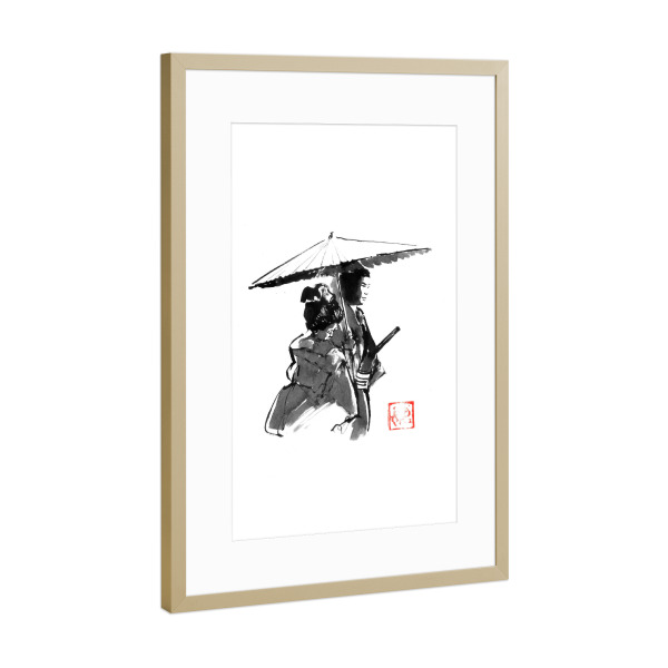 Poster mit Rahmen Gold "Promenade" artboxONE - Schwarzweiß,Reise / Asien - Regenschirm,Samurai,Geisha,Sumie,Japan