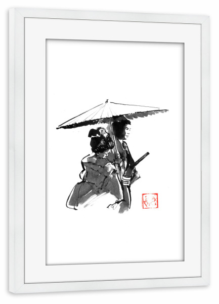 Poster mit Rahmen weiß "Promenade" artboxONE - Schwarzweiß,Reise / Asien - Regenschirm,Samurai,Geisha,Sumie,Japan