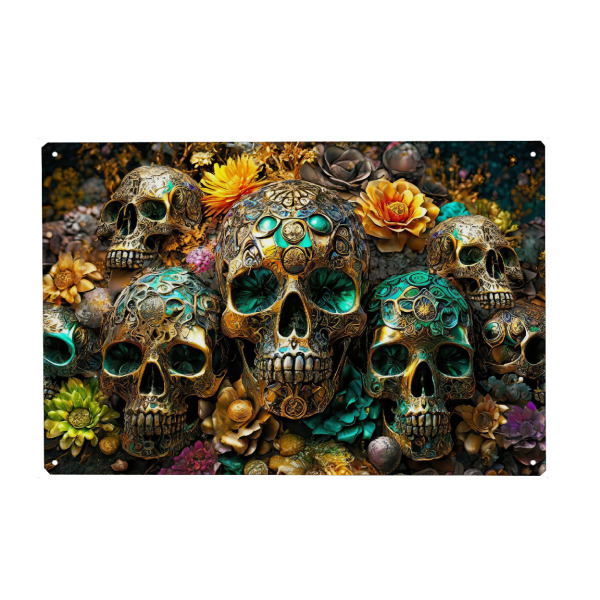 Metall Poster "Tag der Toten" artboxONE - Abstrakt - Blüte,Gesicht,Stahl,Schädel,Tod,Gothic_(kultur),Mensch,Porträt,Blume,Dia,Martial,El_muerto