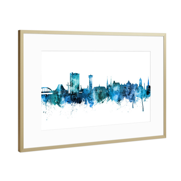 Poster mit Rahmen Gold "Oberhausen Skyline Blau" artboxONE - Städte - Oberhausen,Deutschland,Deutschland,Skyline,Stadtbild,Stadtbild,Aquarell,Malerei