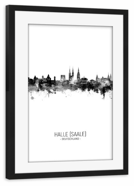 Poster mit Rahmen schwarz "Halle (Saale) Skyline BW" artboxONE - Städte,Schwarzweiß