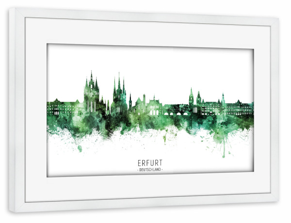 Poster mit Rahmen weiß "Erfurt Skyline Grüner Name" artboxONE - Städte - Erfurt,Deutschland,Deutschland,Skyline,Stadtbild,Stadtbild,Aquarell,Malerei