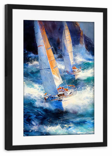 Poster mit Rahmen schwarz "Yacht-Rennboote J" artboxONE - Sport,Sport / Sommerspiele - Yacht,Rennen,Boote,Sport,Aquarell,Malerei