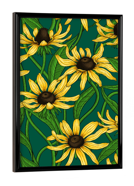 Poster mit schwarzem Rahmen "Gelbe Rudbekia auf Dunkelgrün" artboxONE - Natur,Floral