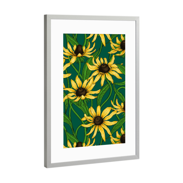 Poster mit Rahmen Silber "Gelbe Rudbekia auf Dunkelgrün" artboxONE - Natur,Floral