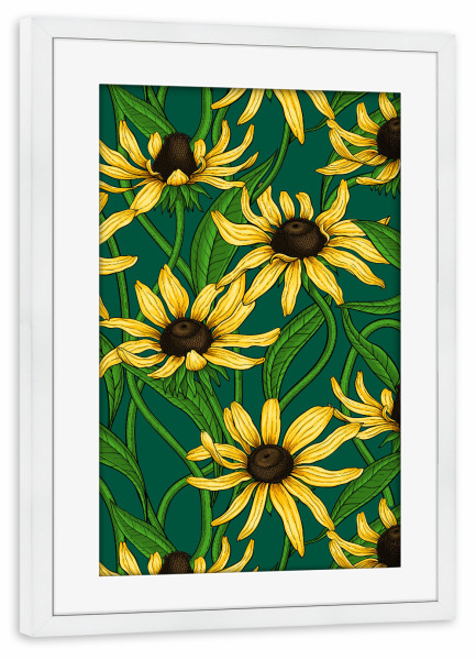 Poster mit Rahmen weiß "Gelbe Rudbekia auf Dunkelgrün" artboxONE - Natur,Floral