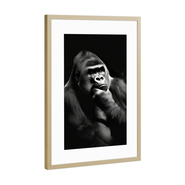 Poster mit Rahmen Gold "Nachdenklicher Gorilla" artboxONE - Tiere,Schwarzweiß - Natur,Afrika,Gorillas,Dschungel,Erde,Affen,Primärwald,Schwarz